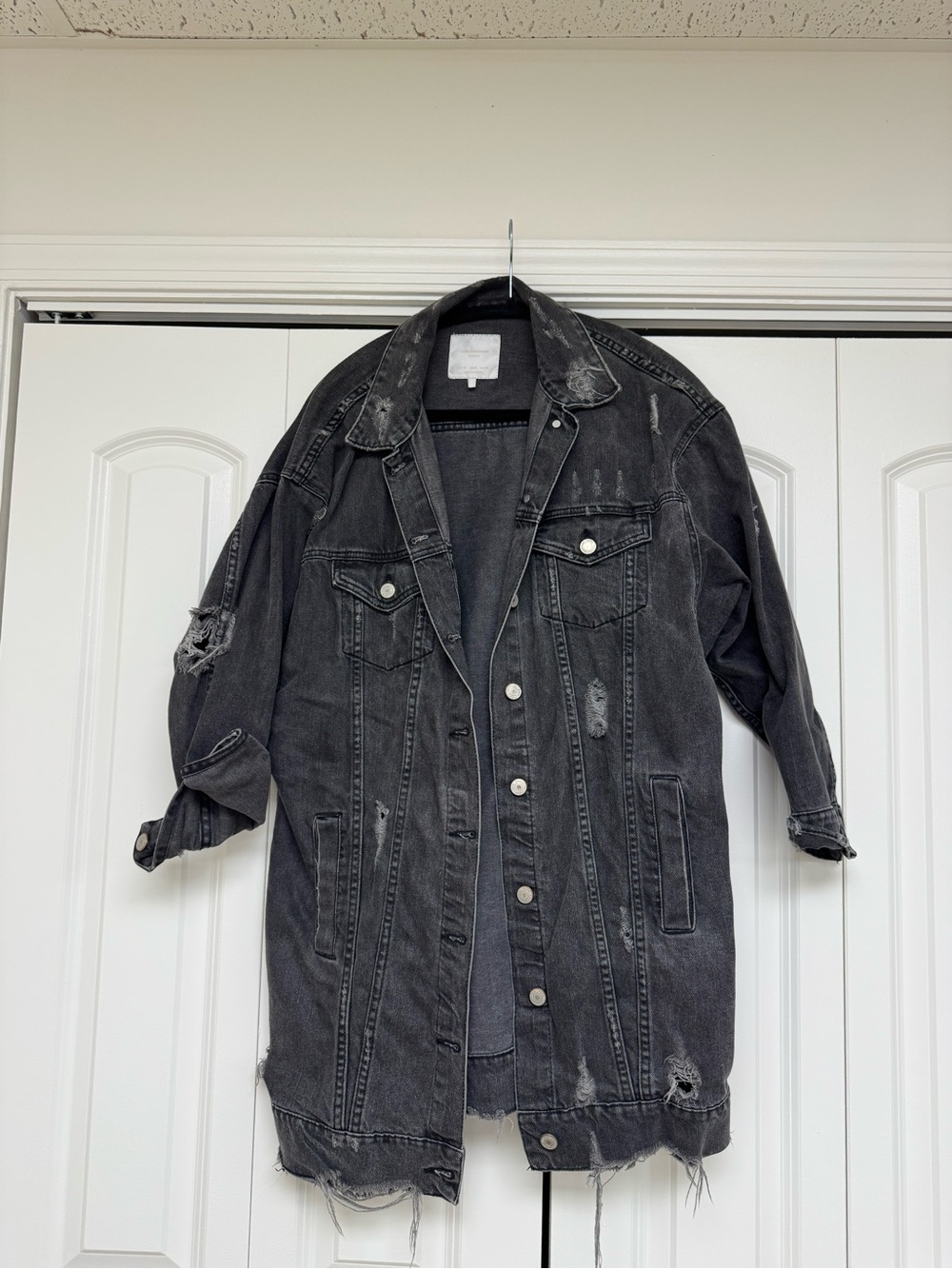 Zara Trafaluc Denimwear Women's Distressed Long Denim Jacket in Black
